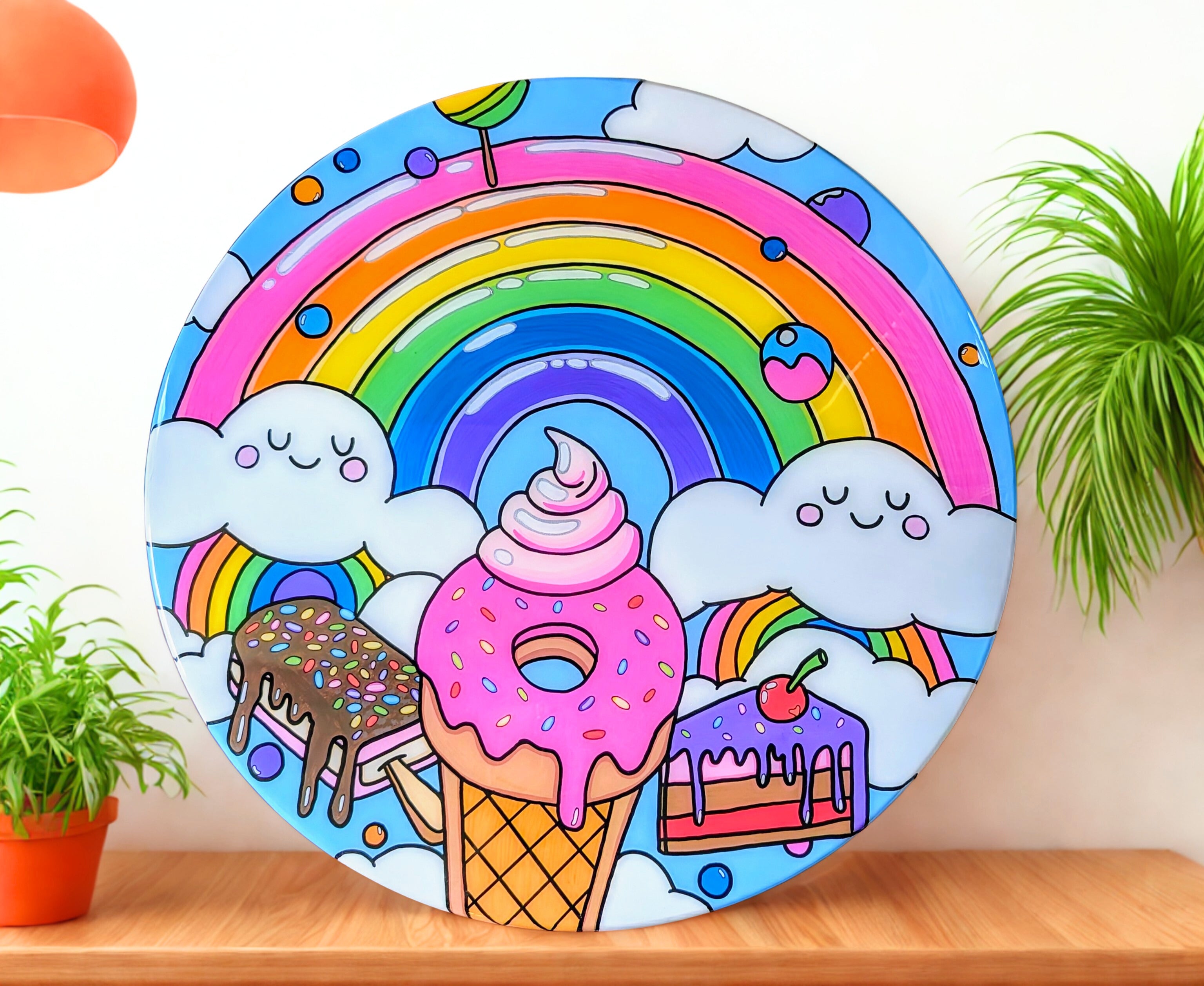 Whimsical rainbow epoxy kids table for playrooms, nurseries, or living rooms — hand-painted, functional art for colorful home decor and gifting.