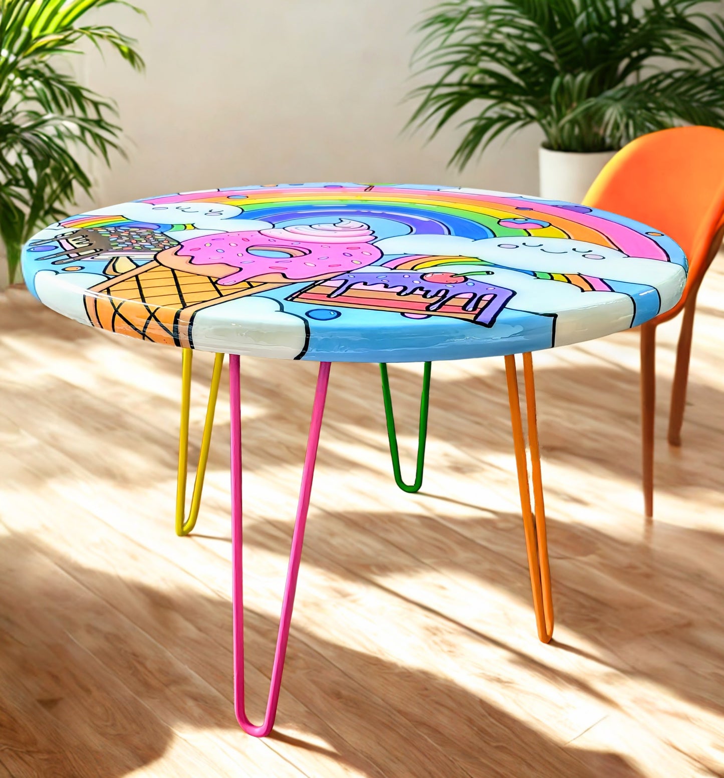Rainbow Epoxy Table | Hand-Painted Round Coffee Table | Colorful Whimsical Art Furniture for Kids Rooms or Playrooms | Ice Cream Dessert Theme
