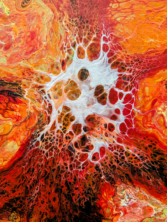 Paint Pour Epoxy Art | Radiant Red Orange Epoxy Wall Decor - Functional Art and Statement Piece | Phoenix Bloom Original Design