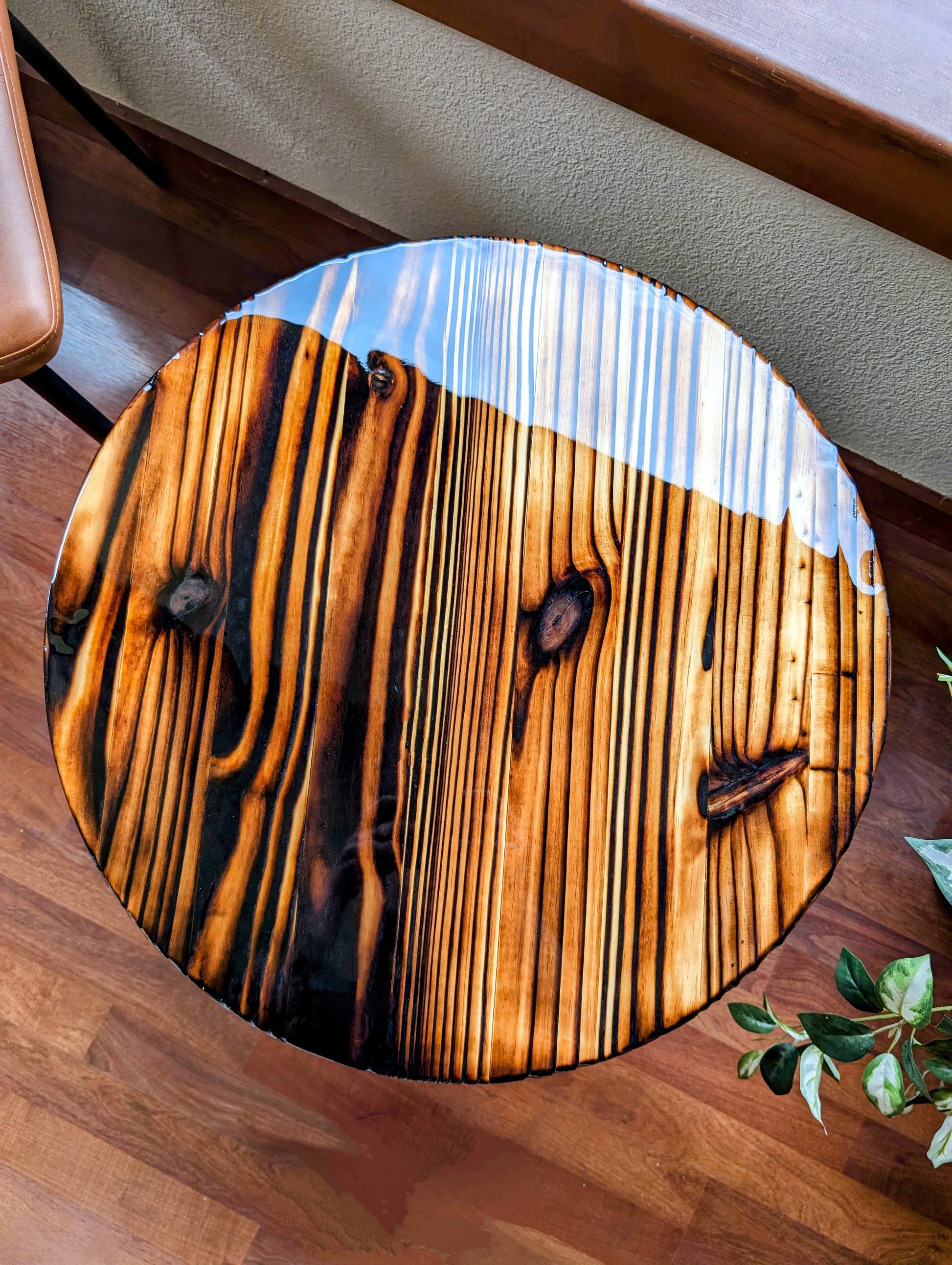 Handcrafted Shou Sugi Ban coffee table with deep-burned wood and epoxy resin — perfect for man caves, game rooms, and entertainment spaces