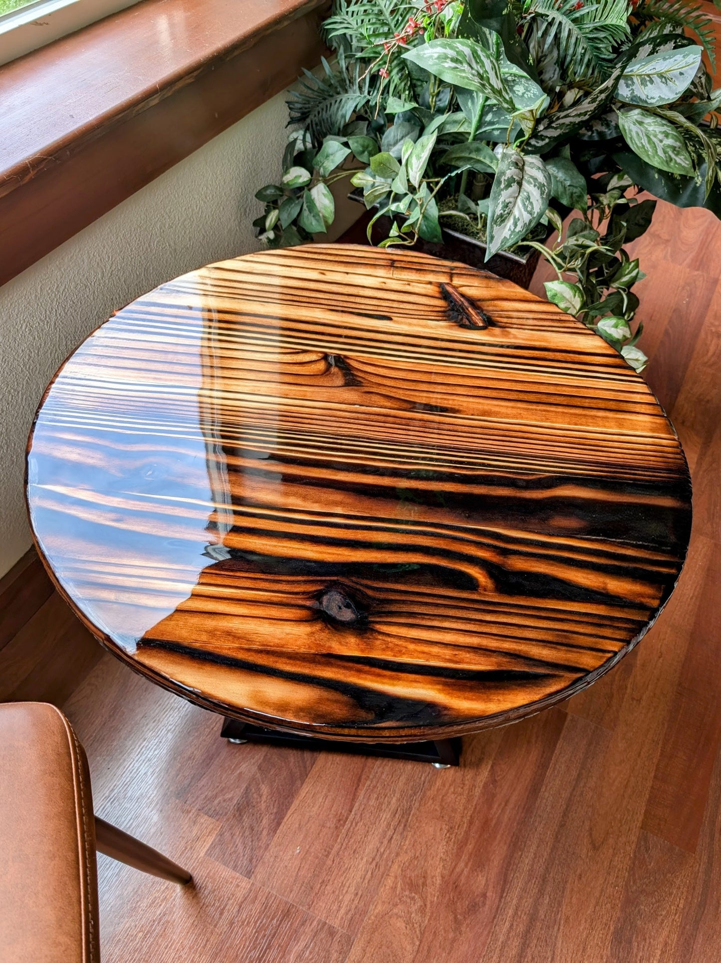Epoxy Coffee Table-Burned Wood Round Table | Shou Sugi Ban Style | Handmade Wood Table for Living Room or Man Cave | Dragon Fire Design