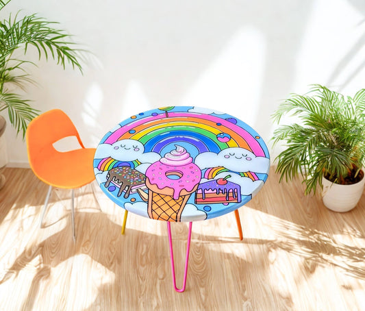Rainbow Epoxy Table | Hand-Painted Round Coffee Table | Colorful Whimsical Art Furniture for Kids Rooms or Playrooms | Ice Cream Dessert Theme