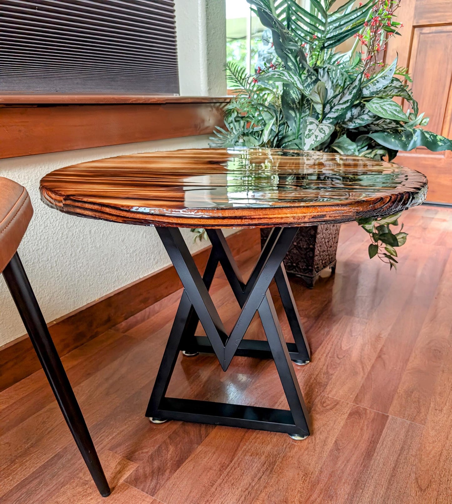 Handcrafted Shou Sugi Ban coffee table with deep-burned wood and epoxy resin — perfect for man caves, game rooms, and entertainment spaces