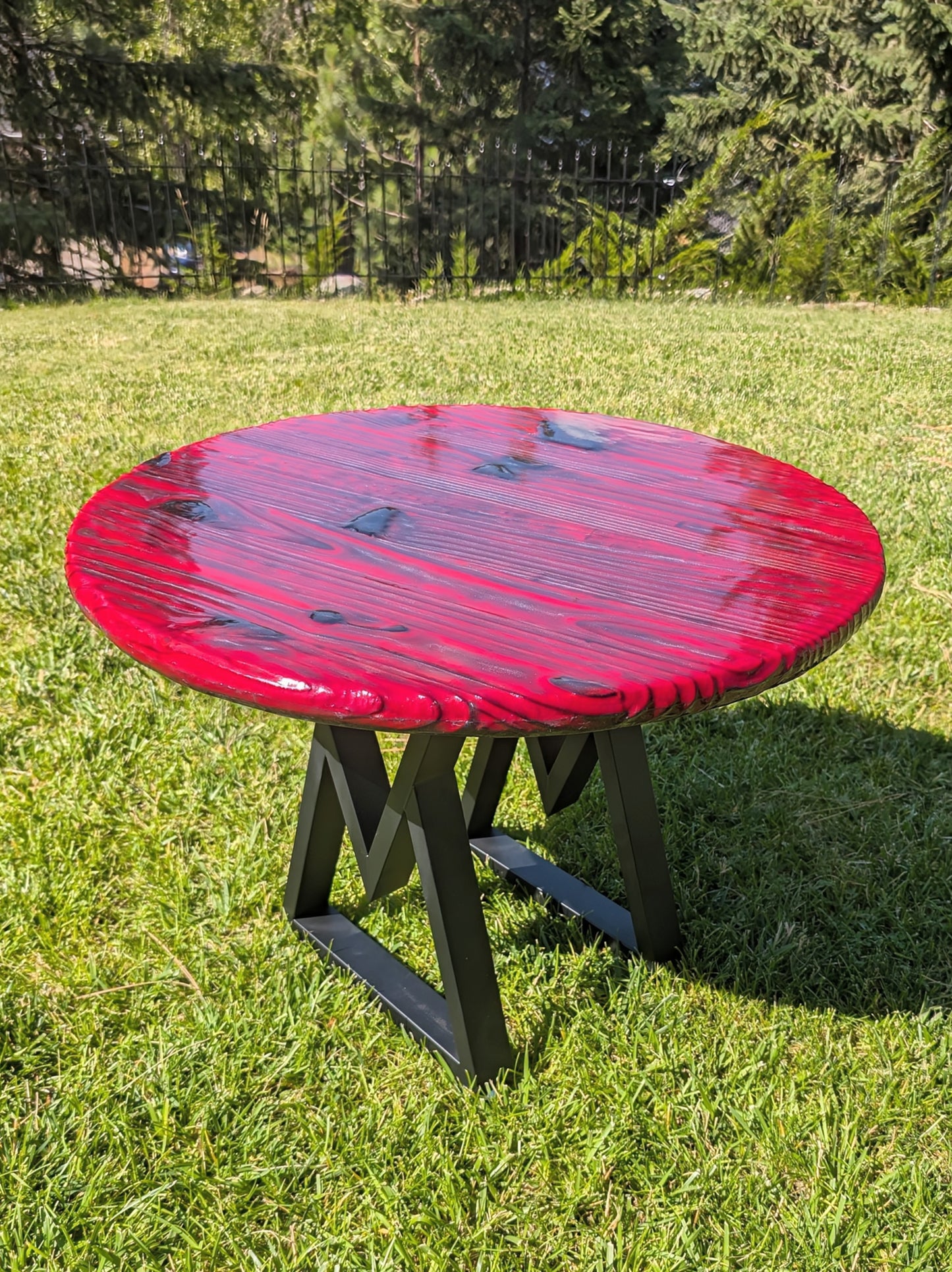 Red Wood Burned Coffee Table | Shou Sugi Ban Epoxy Round Table | Rustic Handmade Furniture for Living Rooms | Obsidian Ember Design