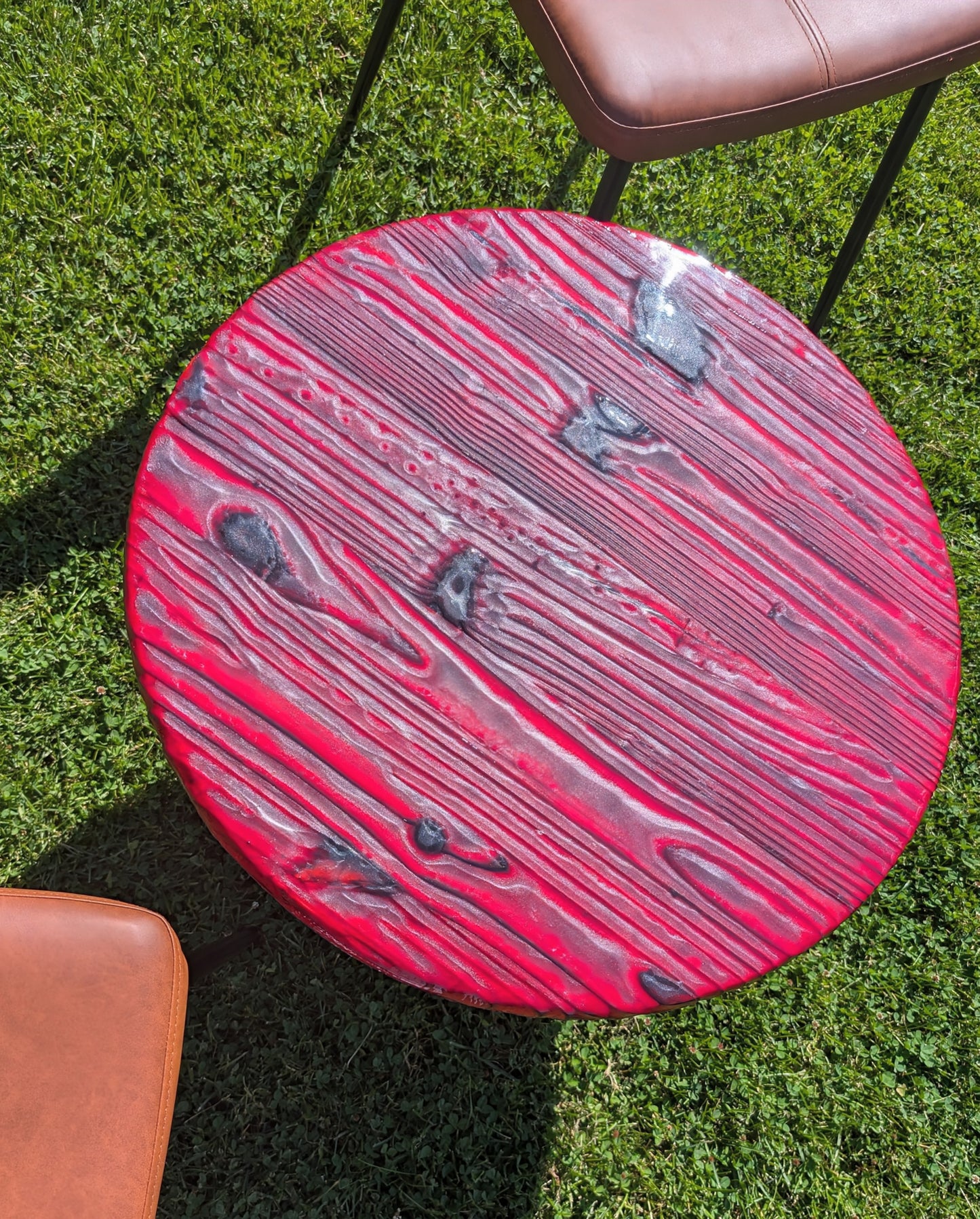 Red Wood Burned Coffee Table | Shou Sugi Ban Epoxy Round Table | Rustic Handmade Furniture for Living Rooms | Obsidian Ember Design