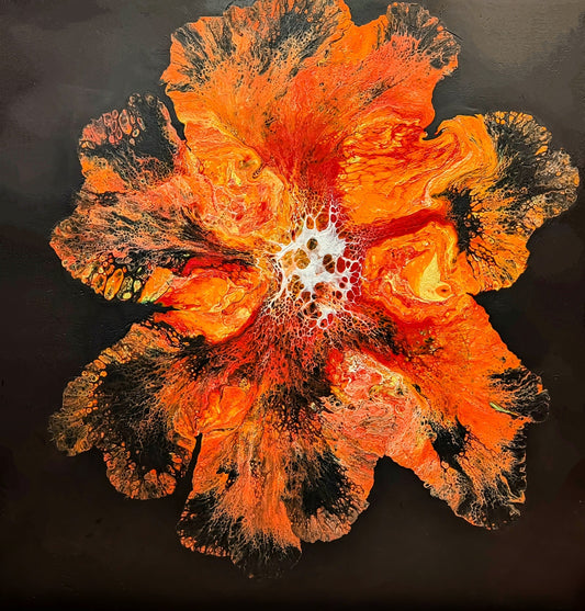 Paint Pour Epoxy Art | Radiant Red Orange Epoxy Wall Decor - Functional Art and Statement Piece | Phoenix Bloom Original Design