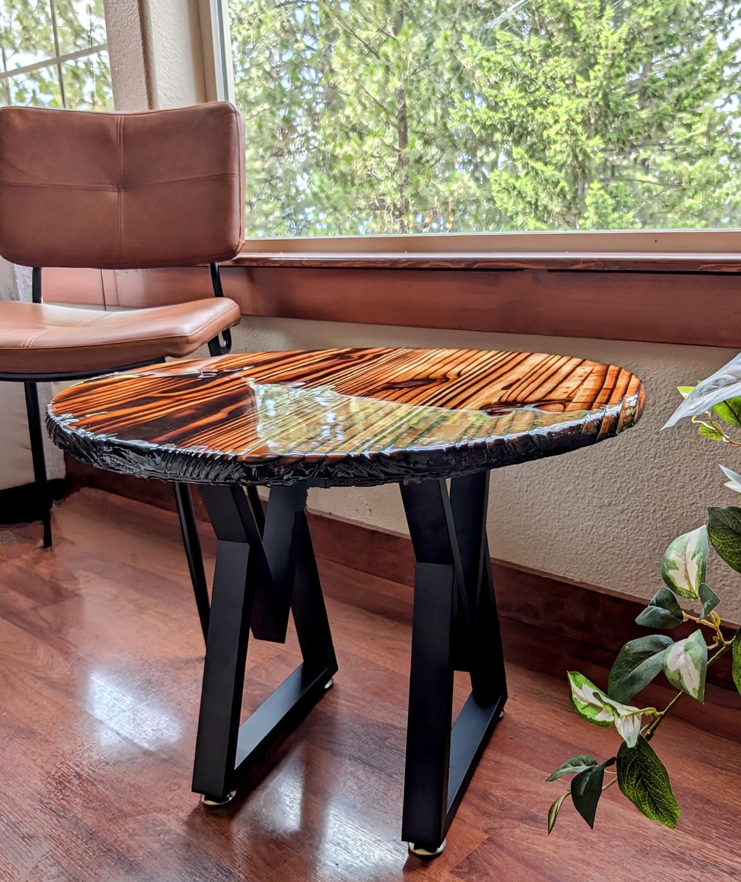 Handcrafted Shou Sugi Ban coffee table with deep-burned wood and epoxy resin — perfect for man caves, game rooms, and entertainment spaces