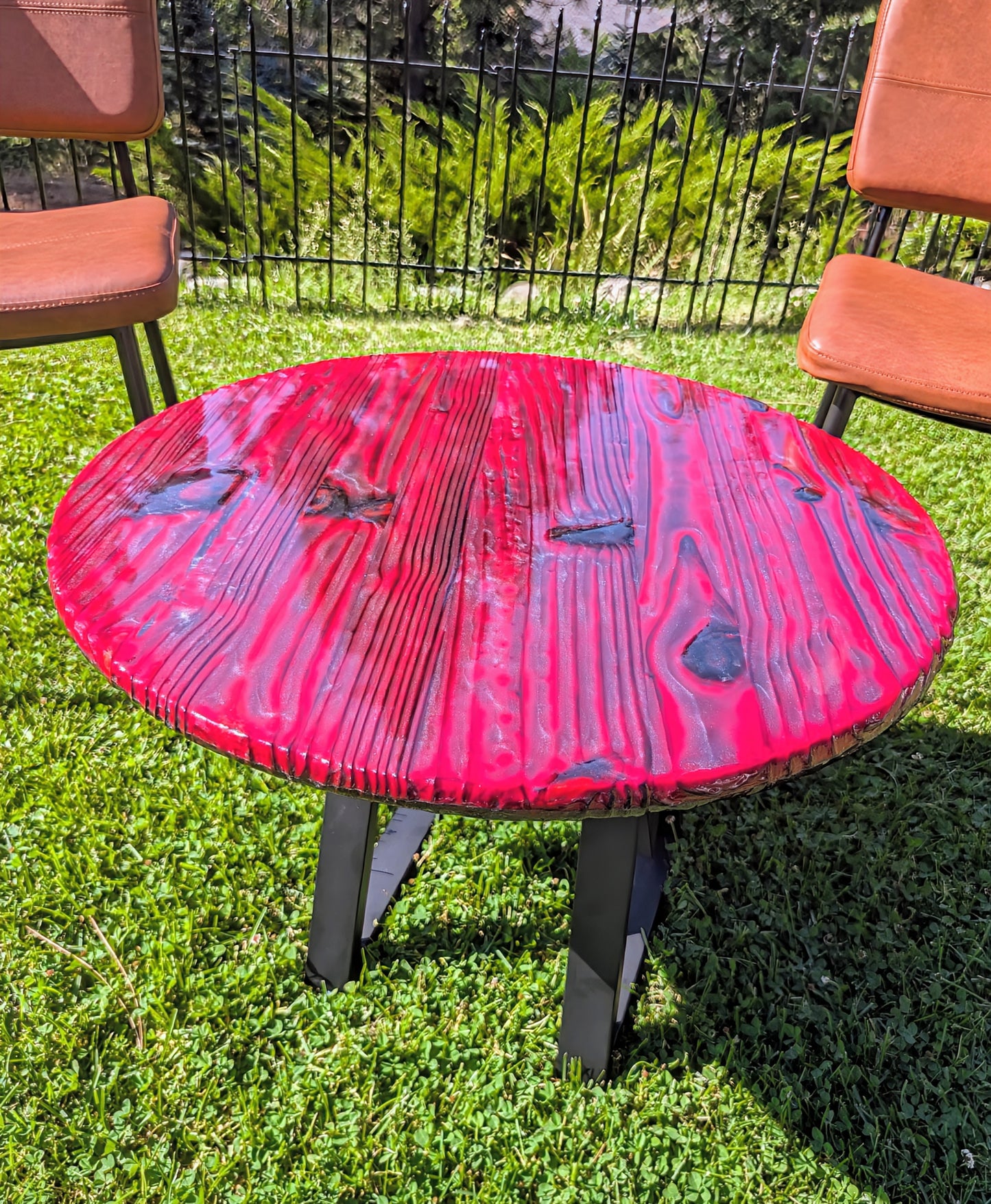 Red Wood Burned Coffee Table | Shou Sugi Ban Epoxy Round Table | Rustic Handmade Furniture for Living Rooms | Obsidian Ember Design